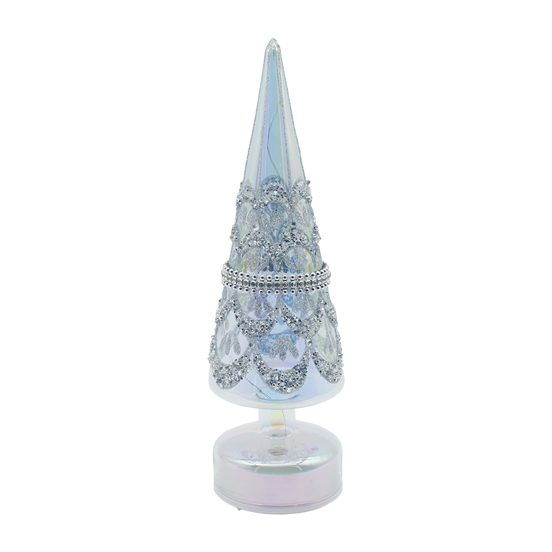 Árbol de Navidad giratorio de cristal de 10 × 30 cm con luces LED, decoración festiva iridiscente