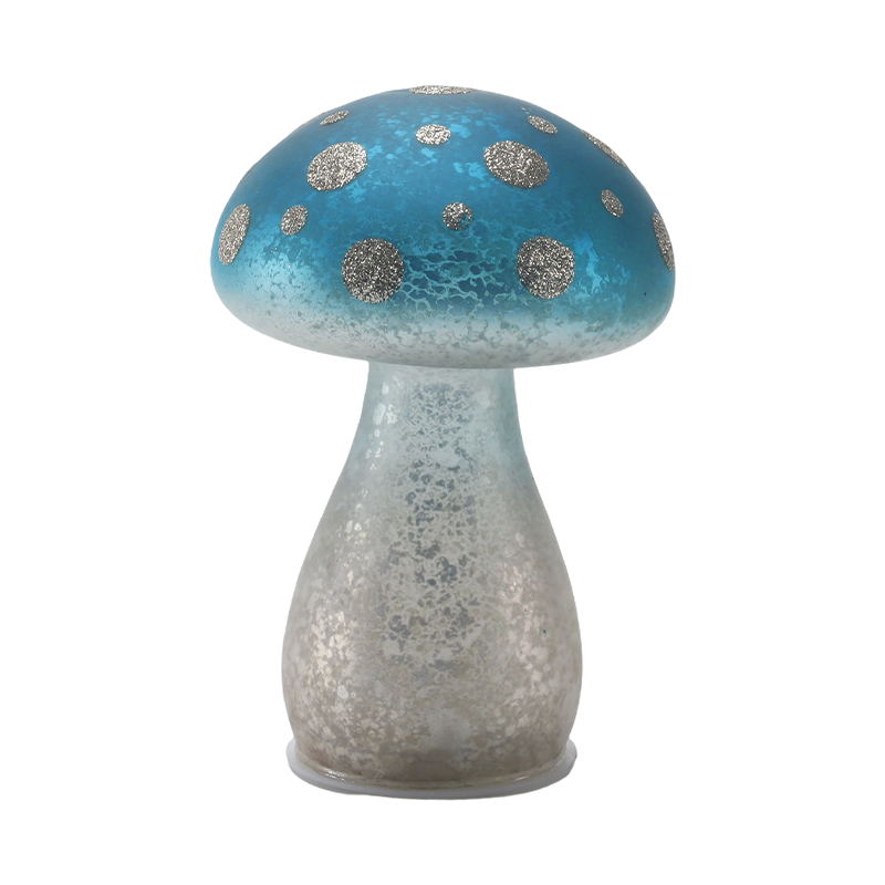 Adorno de seta de vidrio esmerilado azul degradado hecho a mano con puntos de brillo plateado con decoración LED