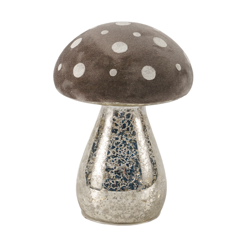 Adorno de seta hecho a mano de vidrio esmerilado marrón/terciopelo con puntos de brillo plateado con decoración LED