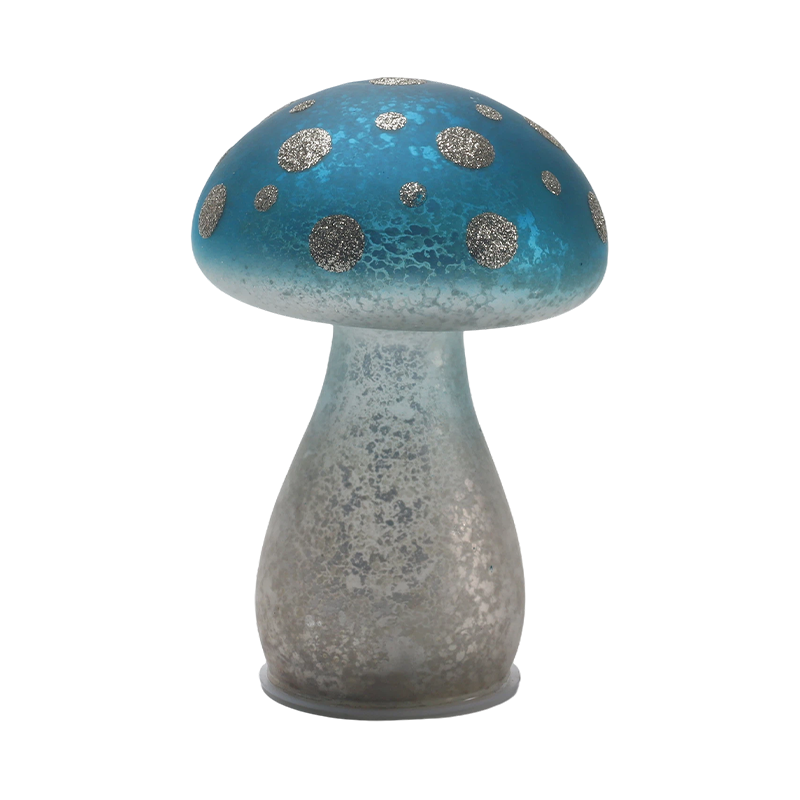 Adorno de seta de vidrio esmerilado azul degradado hecho a mano con puntos de brillo plateado con decoración LED