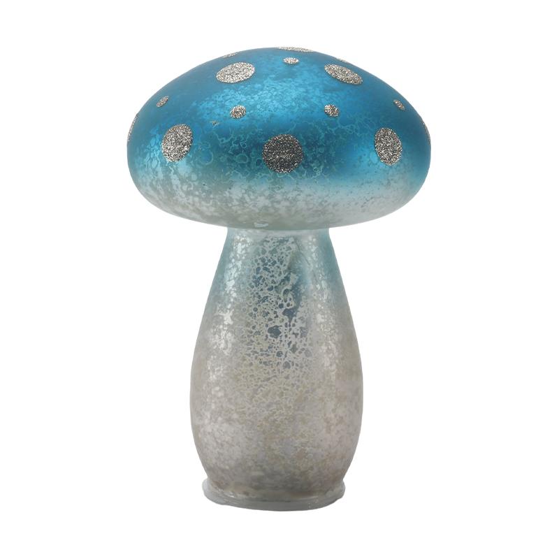 Adorno de seta de vidrio esmerilado azul degradado hecho a mano con puntos de brillo plateado con decoración LED