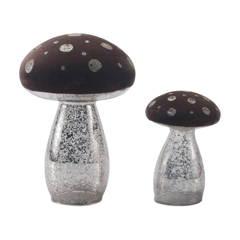 Adorno de seta hecho a mano de vidrio esmerilado marrón/terciopelo con puntos de brillo plateado con decoración LED