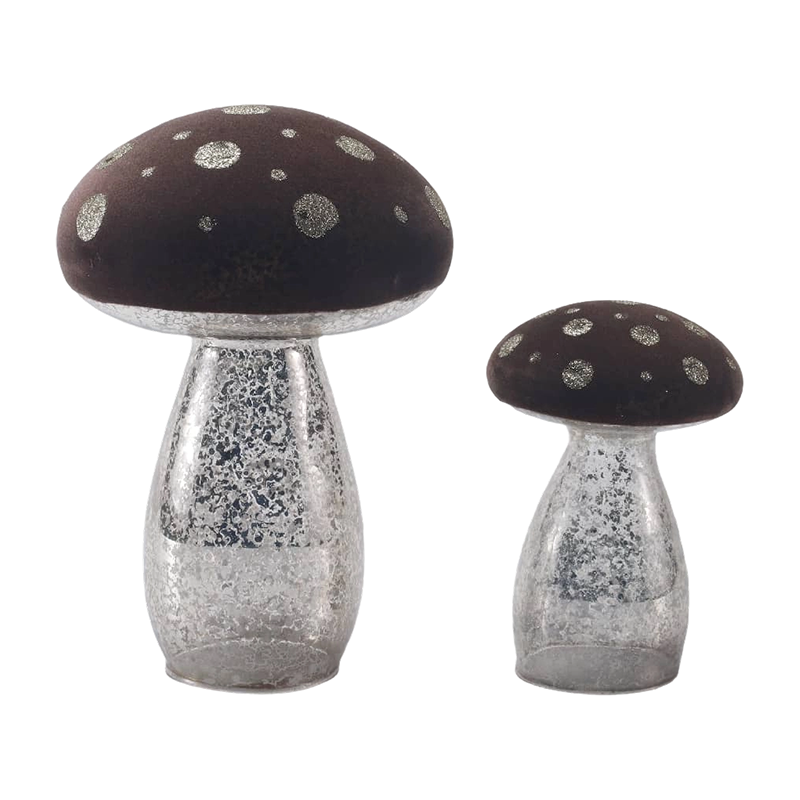 Adorno de seta hecho a mano de vidrio esmerilado marrón/terciopelo con puntos de brillo plateado con decoración LED