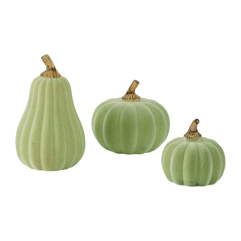 Juego de calabaza decorativa flocada/terciopelo de varios tamaños con tallo de vidrio