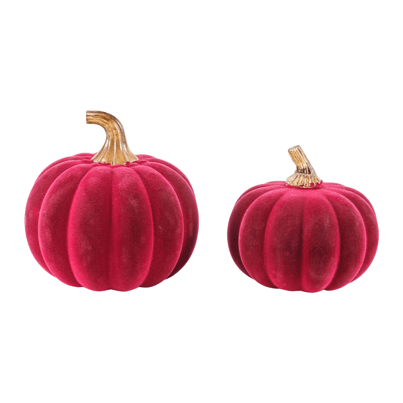 Juego de calabaza decorativa flocada/terciopelo de varios tamaños con tallo de vidrio