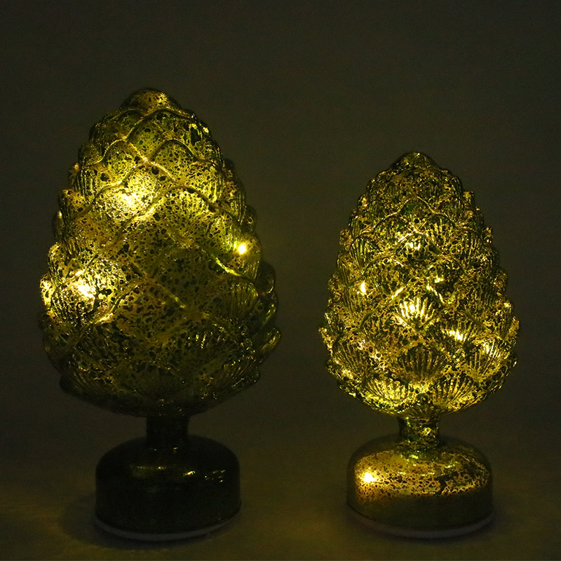 Decoración de piña de Navidad giratoria de vidrio con LED para mesa 15×28 cm y 11×22 cm