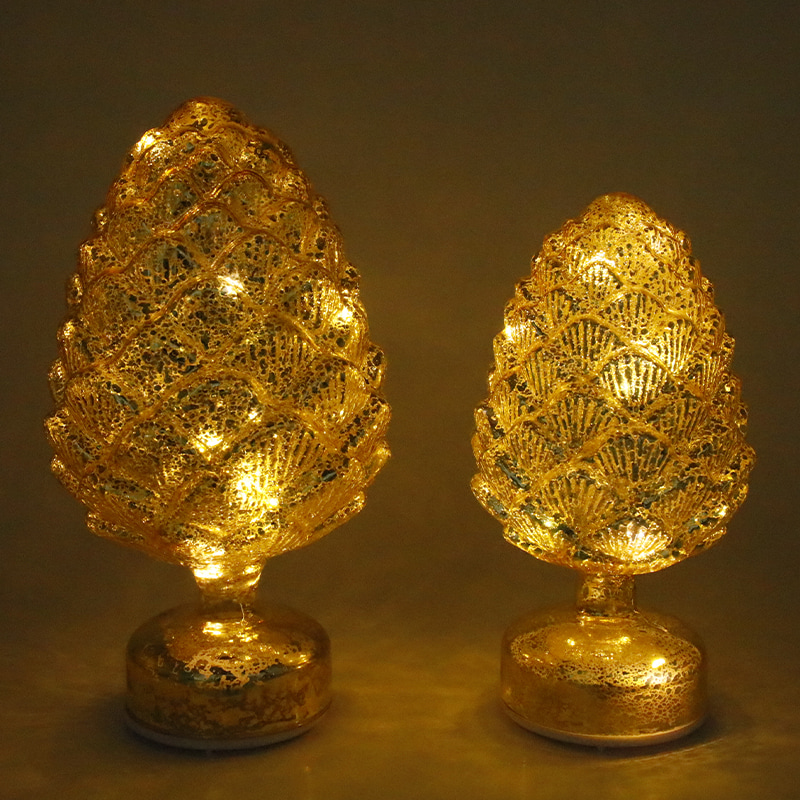 Decoración de piña de Navidad giratoria de vidrio con LED para mesa 15×28 cm y 11×22 cm