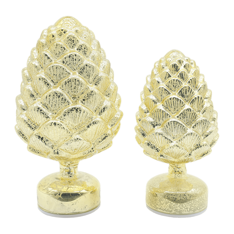 Decoración de piña de Navidad giratoria de vidrio con LED para mesa 15×28 cm y 11×22 cm