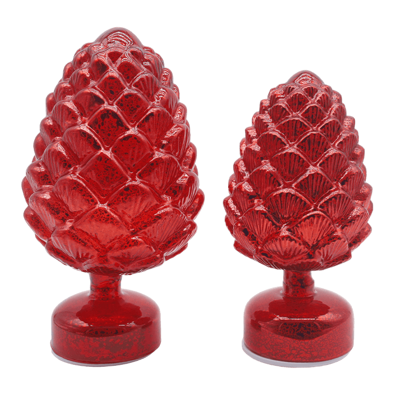 Decoración de piña de Navidad giratoria de vidrio con LED para mesa 15×28 cm y 11×22 cm